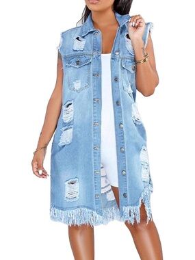 Light Wash Distressed Denim Vest Dress-/ chose your size)